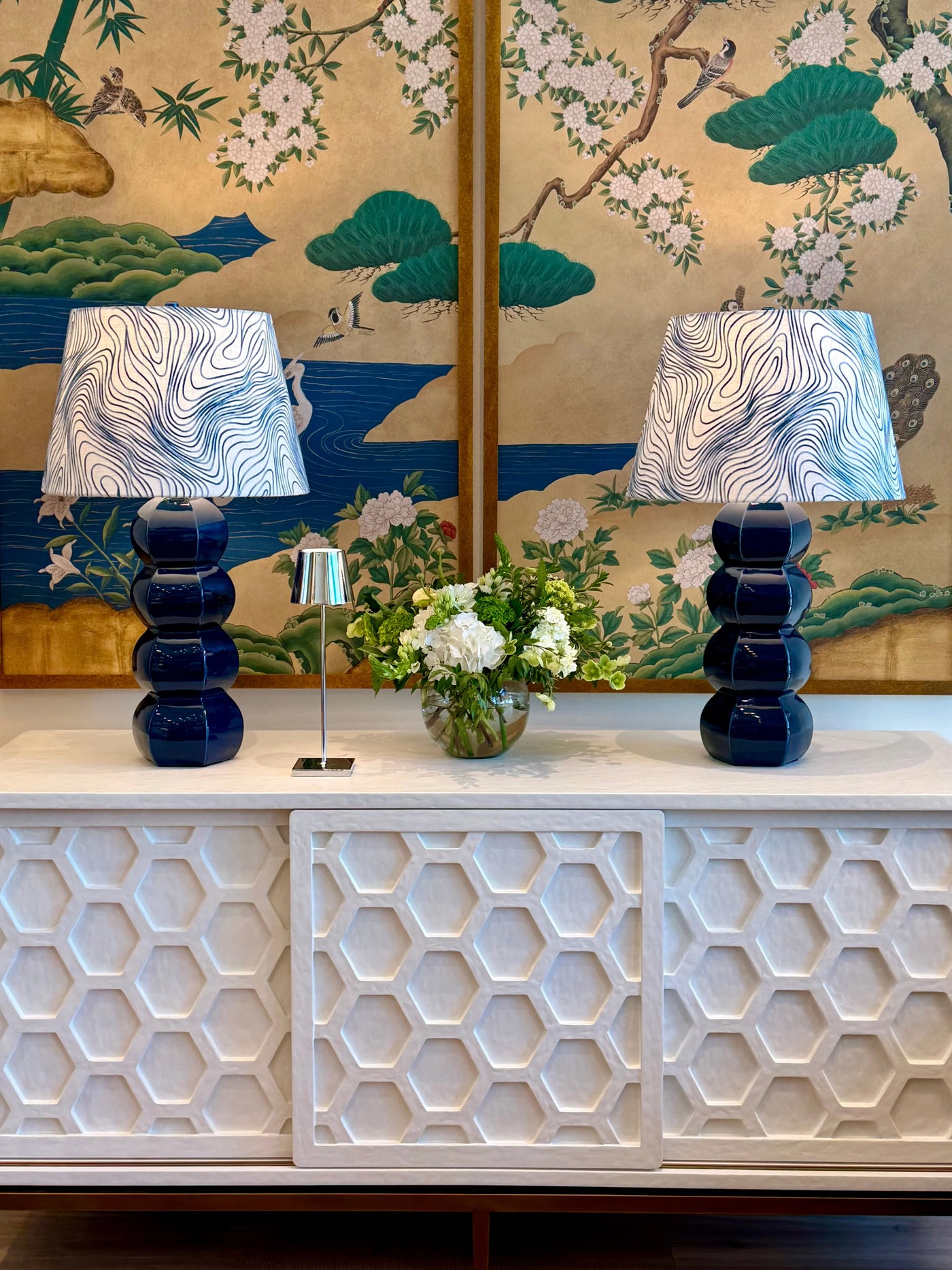 Fabricut - River Quest Blue Embroidered White Lampshades on Blue Barnacle Lamps