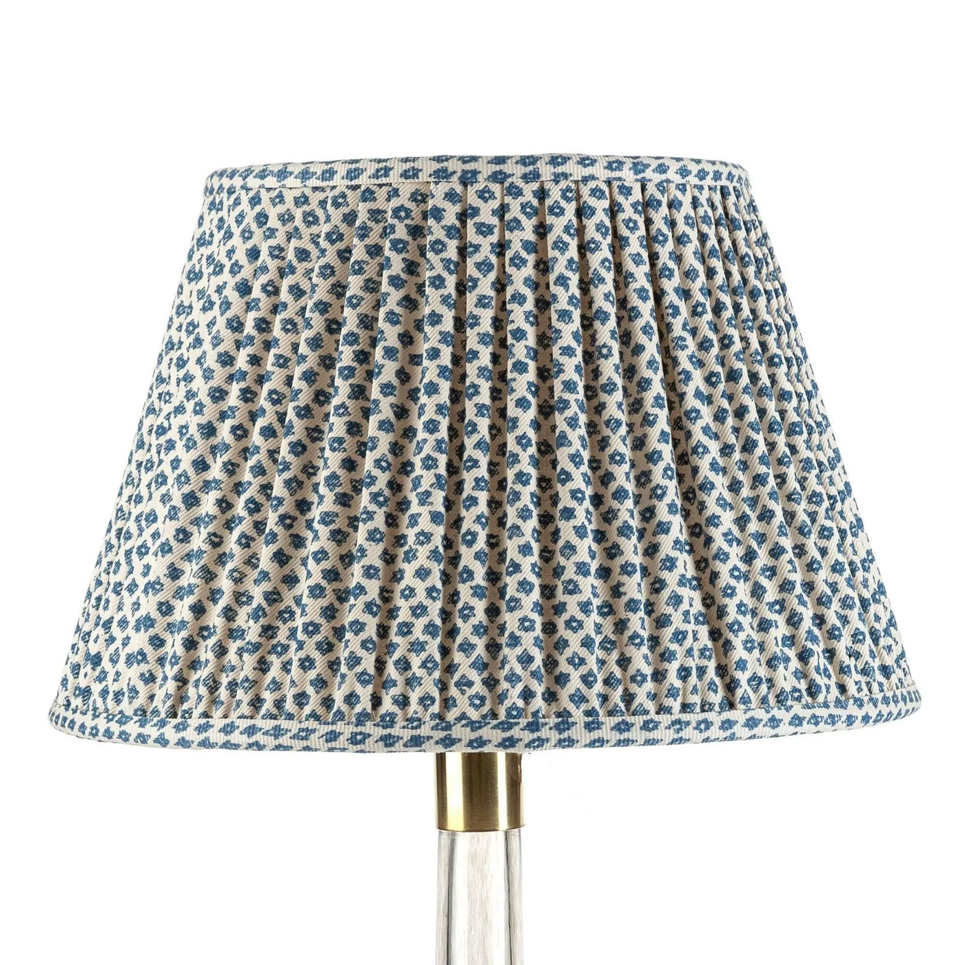 Luxury designer gathered empire lampshade in Fermoie Blue Marden fabric, featuring an intricate blue and white pattern for a sophisticated and timeless look.