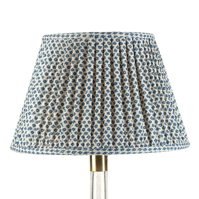 Luxury designer gathered empire lampshade in Fermoie Blue Marden fabric, featuring an intricate blue and white pattern for a sophisticated and timeless look.