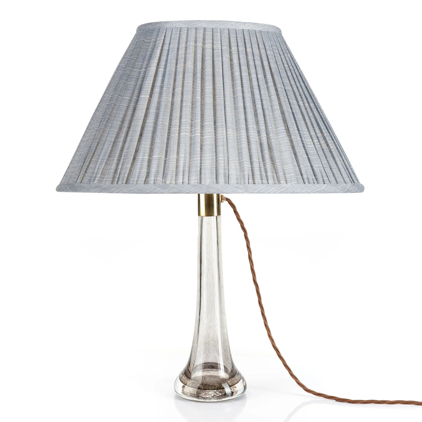 Front view of Luxury designer Fermoie Blue Moire gathered empire oval lampshade with pleated detailing