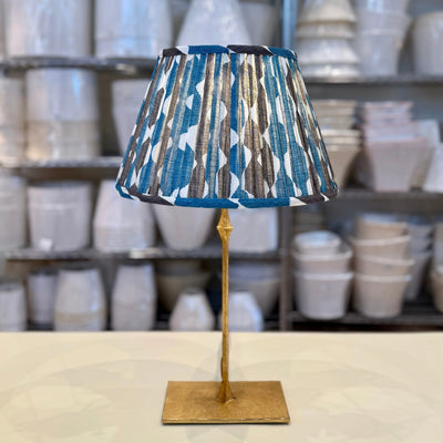 Fermoie Blue & Neutral Brown Whittle Lampshade on Dauphine Bedside Lamp in Gilded Iron