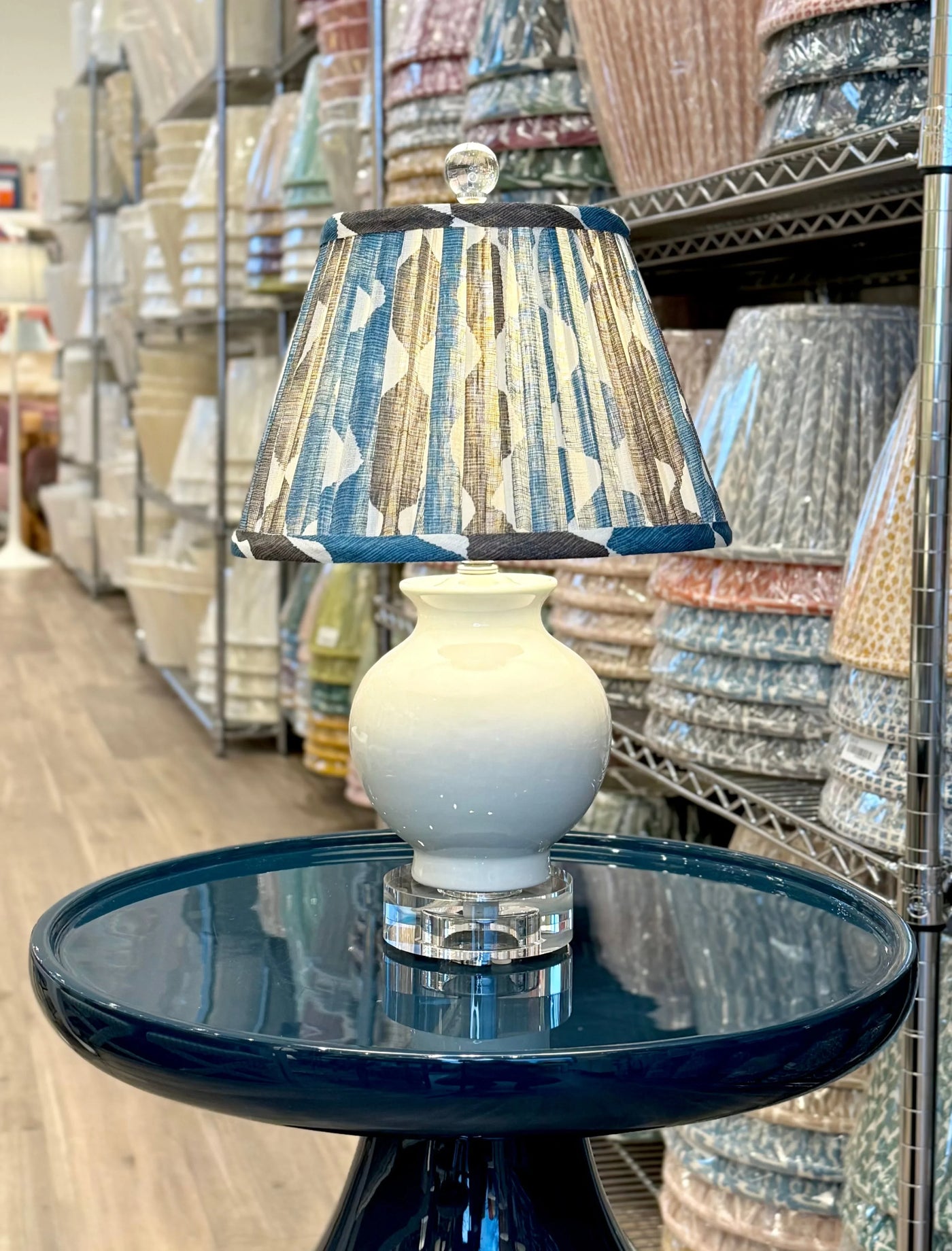 Fermoie Blue & Neutral Brown Whittle Lampshade on Mini White Porcelain Lamp