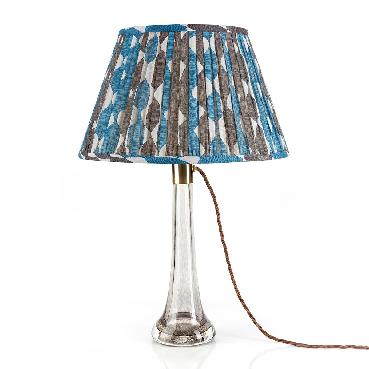 Fermoie Blue & Neutral Brown Whittle Lampshade on crystal lamp