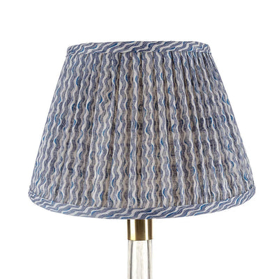 Luxury Fermoie Blue Popple gathered empire lampshade with wavy blue and white pattern, pleated detailing, and designer style