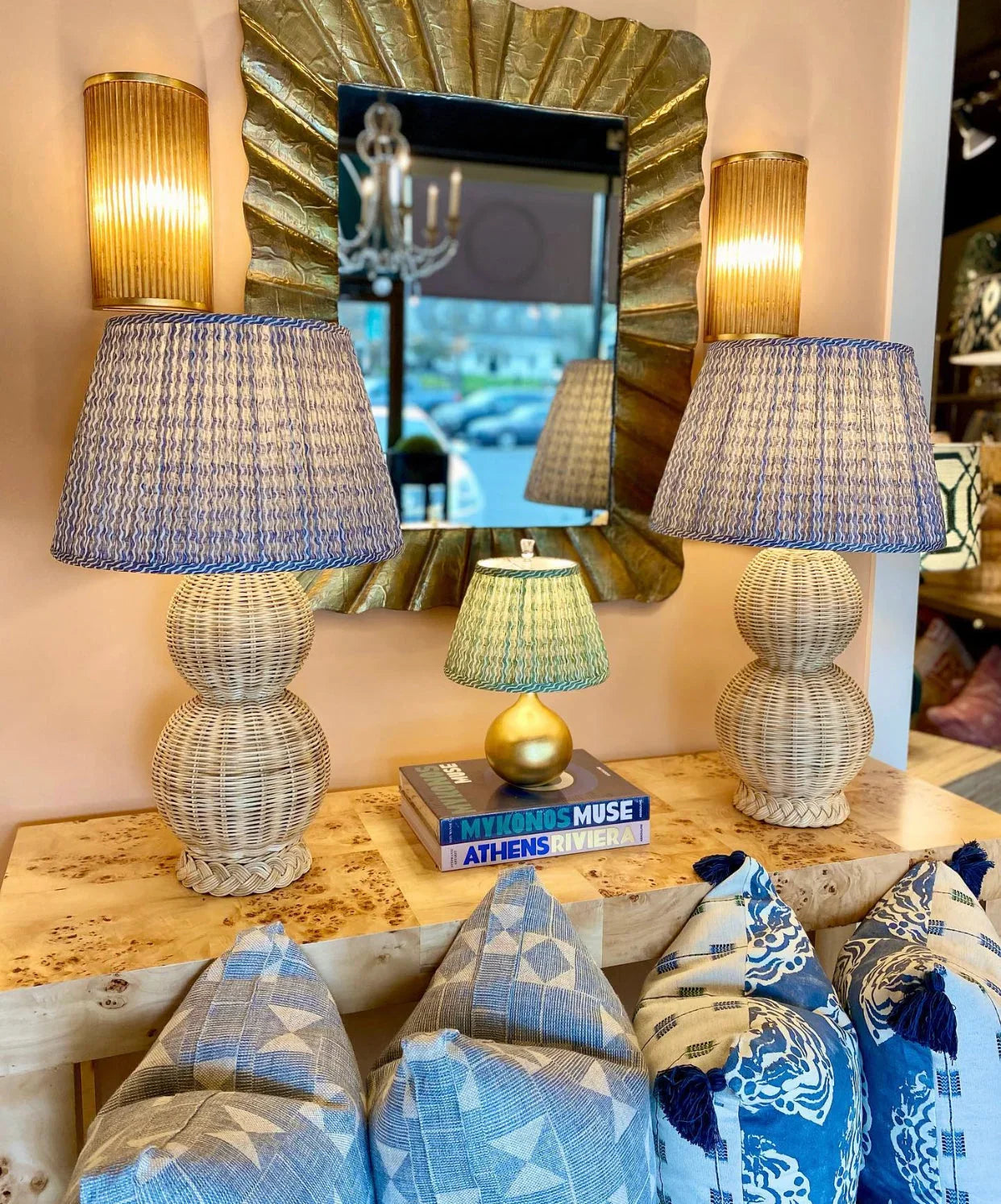 Luxury Fermoie Blue Popple gathered empire lampshade with wavy blue and white pattern displayed on double gourd rattan lamps