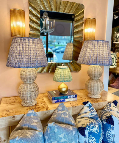 Luxury Fermoie Blue Popple gathered empire lampshade with wavy blue and white pattern displayed on double gourd rattan lamps