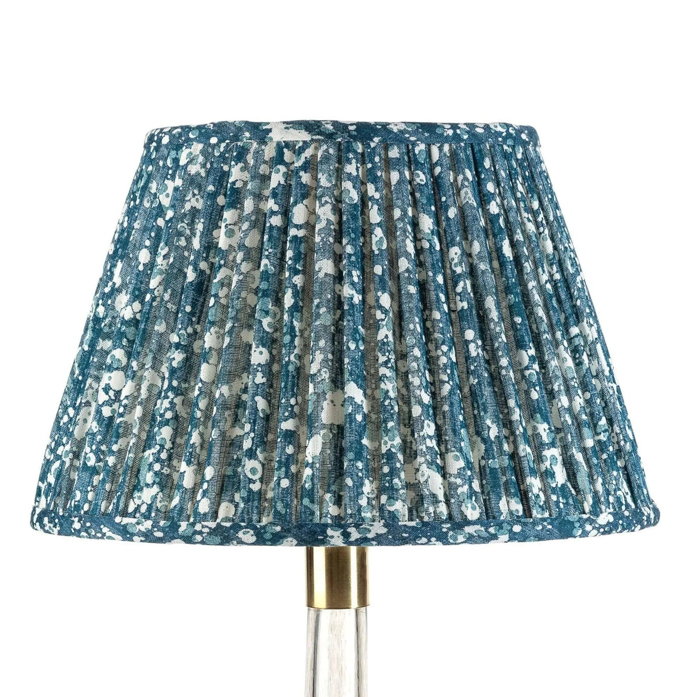 Front view of luxury Fermoie Blue Quartz fabric with a speckled blue and white pattern, showing designer pleated detailing for high-end interiors