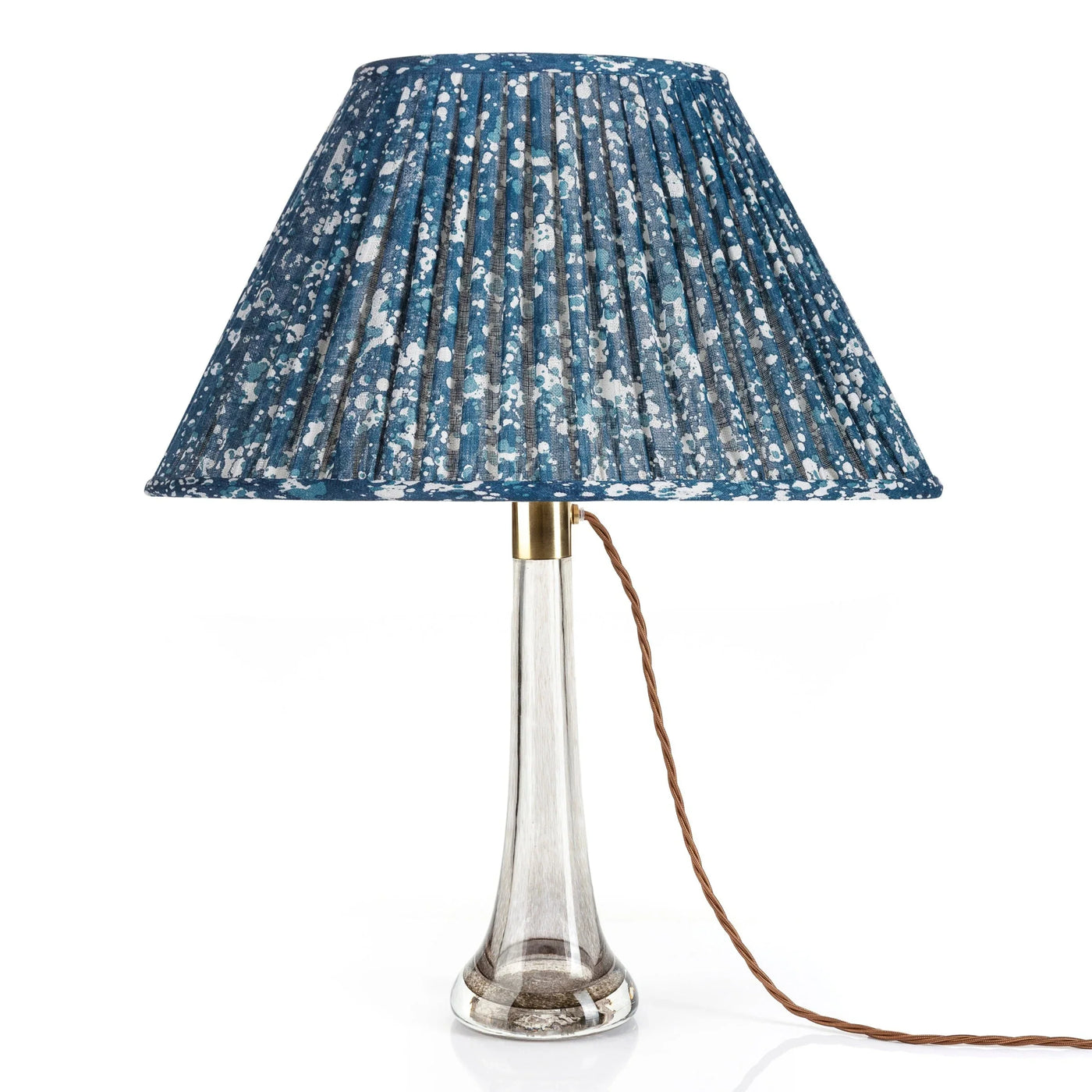 Front view of luxury Fermoie Blue Quartz oval lampshade with a speckled blue and white pattern, featuring designer pleated detailing for high-end interiors