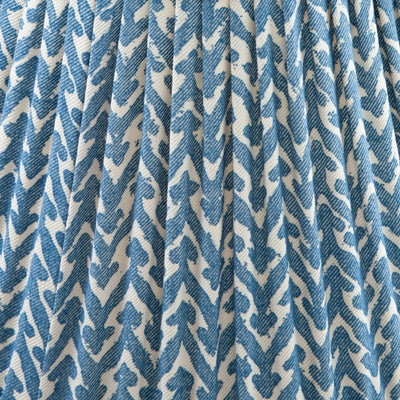 Close-up of Luxury designer Fermoie Blue Rabanna gathered empire lampshade with blue and white pattern and pleated detailing