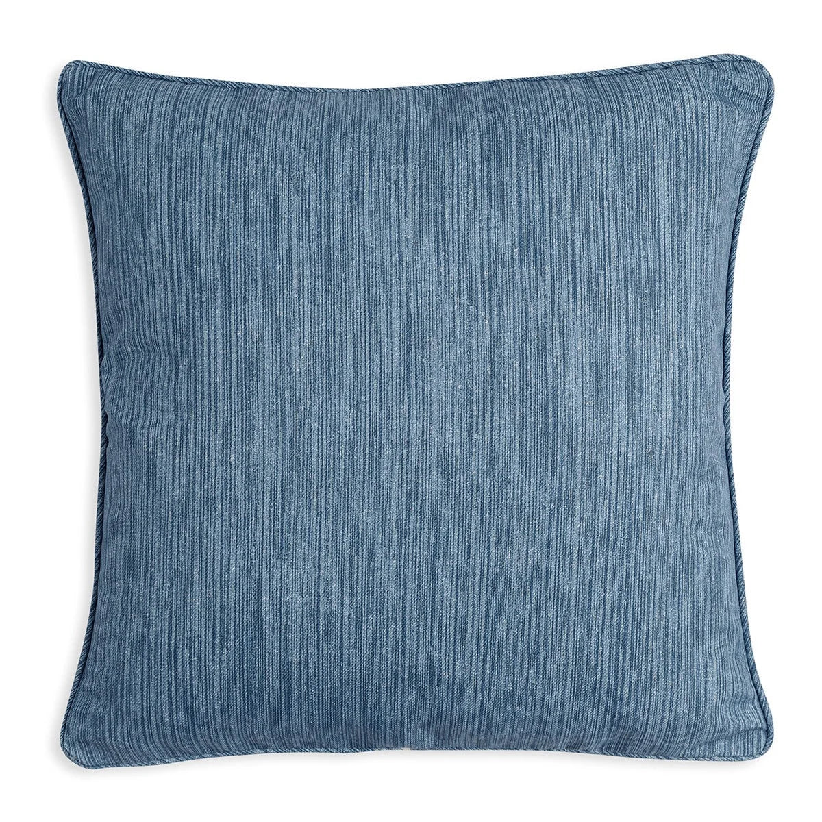 Square Fermoie cushion in Blaise Strie blue fabric made from recycled polyester with a soft, durable texture, suitable for indoor and outdoor use.