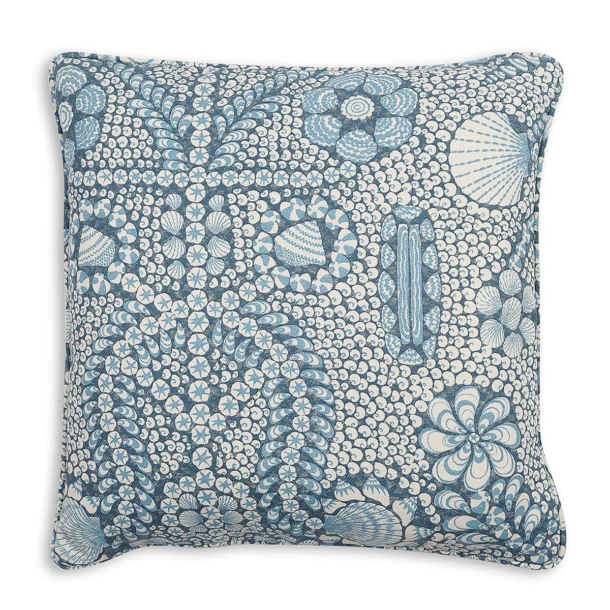 Large square Fermoie cushion in Blue Shell Grotto fabric made from recycled polyester with a soft, durable texture, suitable for indoor and outdoor use