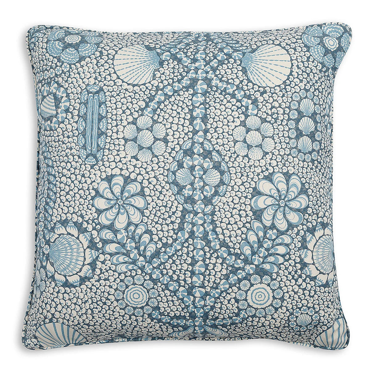 Small square Fermoie cushion in Blue Shell Grotto fabric made from recycled polyester with a soft, durable texture, suitable for indoor and outdoor use.