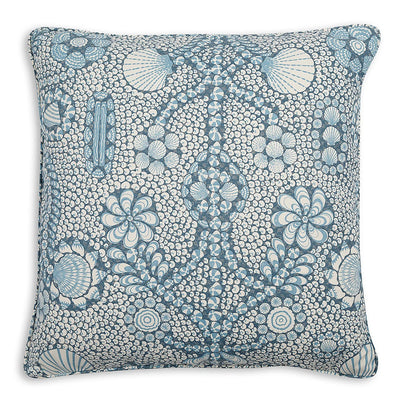 Small square Fermoie cushion in Blue Shell Grotto fabric made from recycled polyester with a soft, durable texture, suitable for indoor and outdoor use.