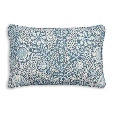 Large oblong Fermoie cushion in Blue Shell Grotto fabric made from recycled polyester with a soft, durable texture, for indoor and outdoor use.