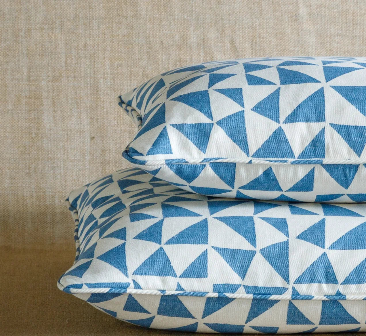 Fermoie cushion stack in Bright Blue Circus fabric 