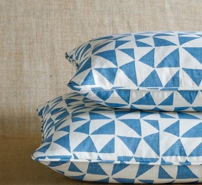 Fermoie cushion stack in Bright Blue Circus fabric 