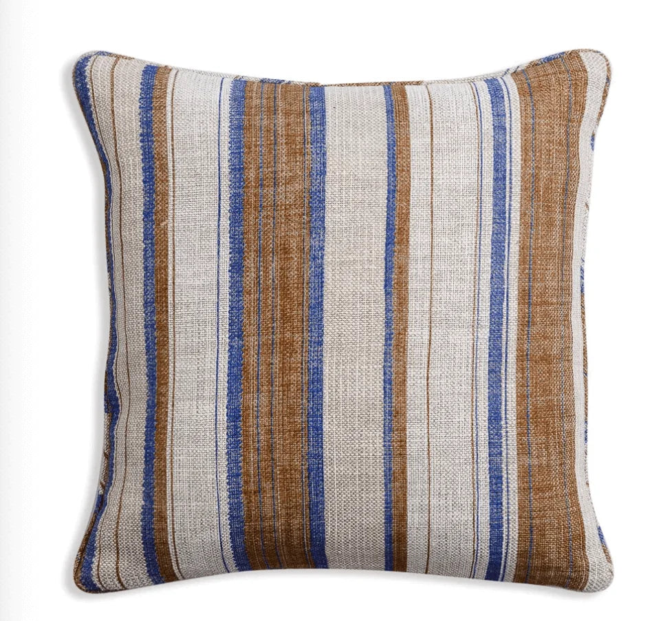 Large square Fermoie cushion in Brown & Blue Carskiey fabric linen