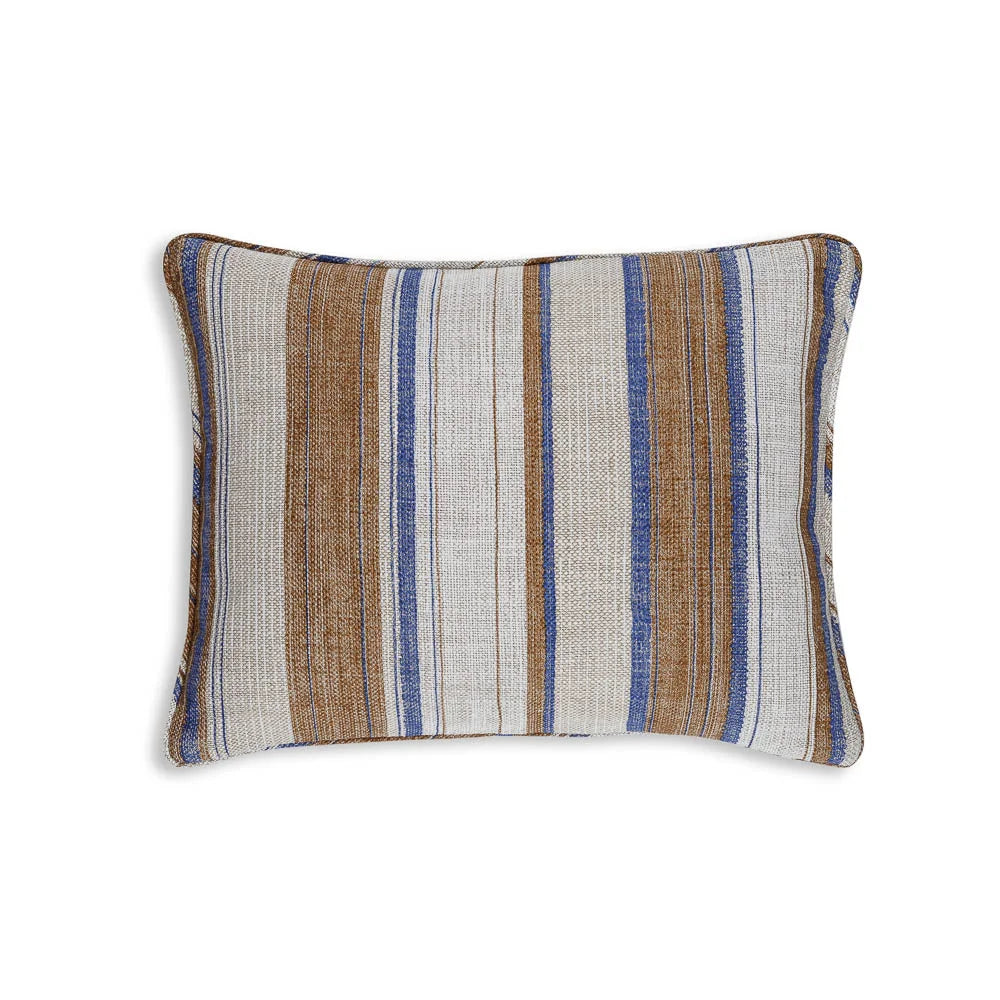 Small oblong Fermoie cushion in Brown & Blue Carskiey fabric linen
