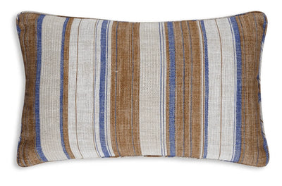 Large oblong Fermoie cushion in Brown & Blue Carskiey fabric linen