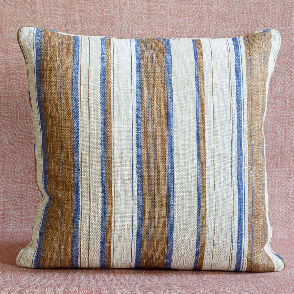 Square Fermoie cushion in Brown & Blue Carskiey fabric linen