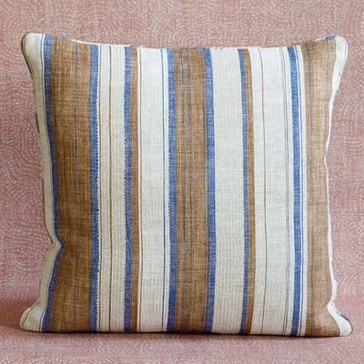Square Fermoie cushion in Brown & Blue Carskiey fabric linen