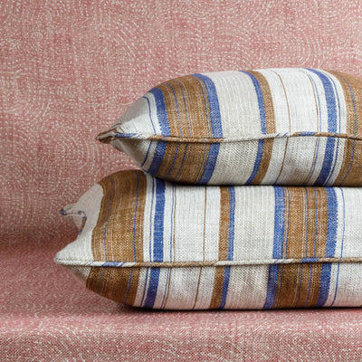 Fermoie cushion stack in Brown & Blue Carskiey fabric linen