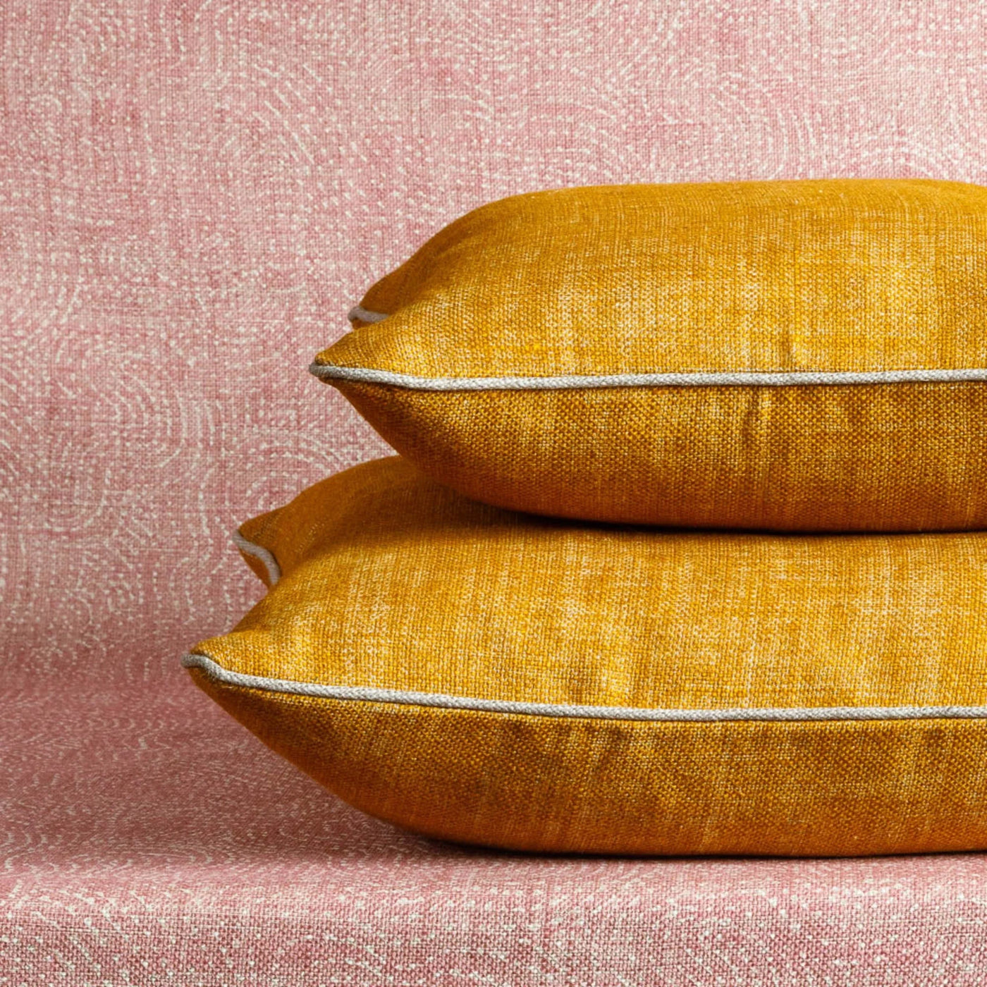 Fermoie cushion stack in Club Yellow fabric linen