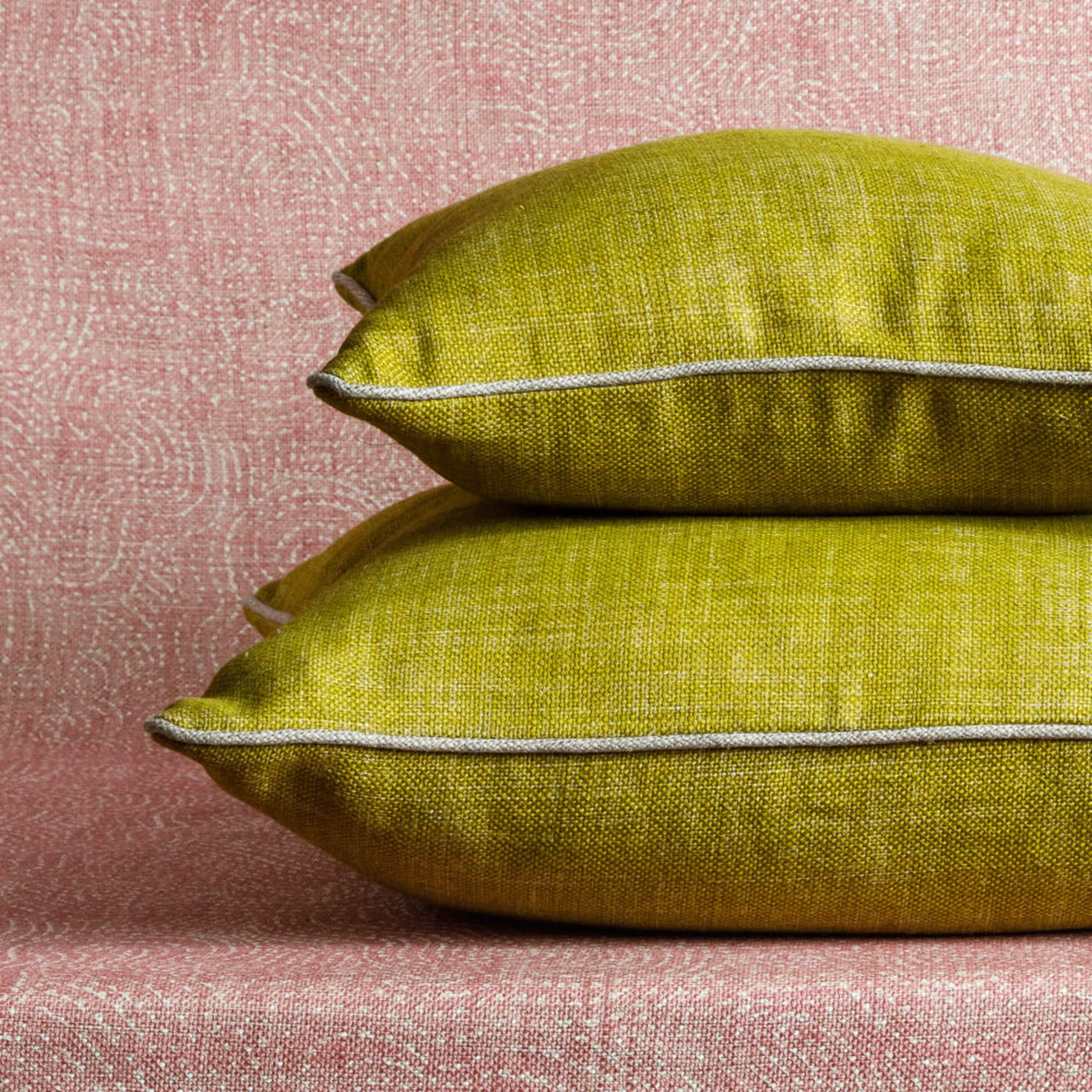Fermoie cushion stack in Euphorbia yellow fabric linen