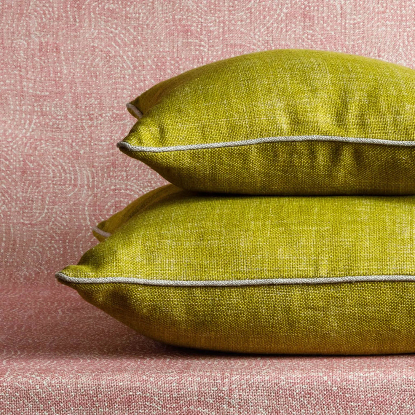Fermoie cushion stack in Euphorbia yellow fabric linen