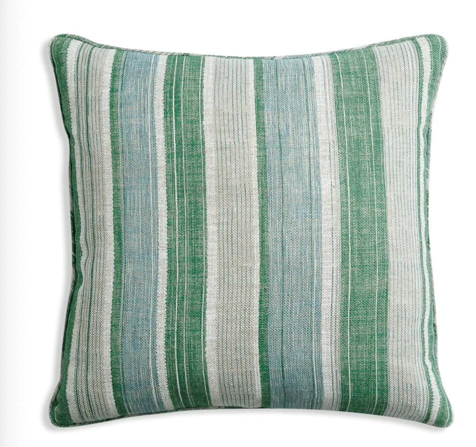 Large square Fermoie cushion in Green & Blue Carskiey fabric linen