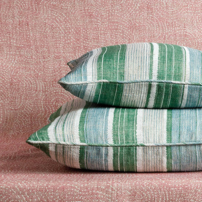 Fermoie cushion stack in Green & Blue Carskiey fabric linen