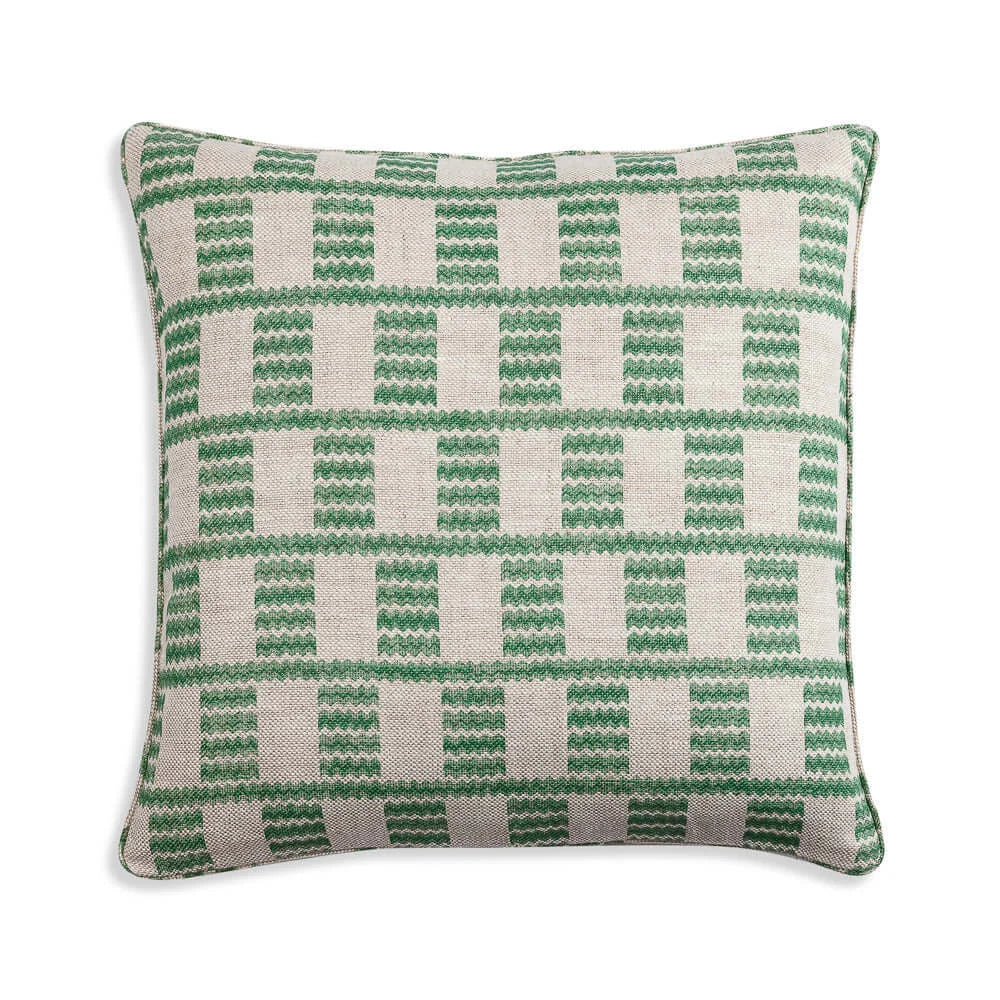 Large square designer Fermoie cushion in Green Cove fabric linen