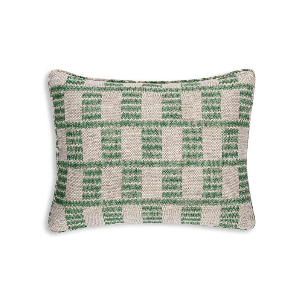Small oblong designer Fermoie cushion in Green Cove fabric linen
