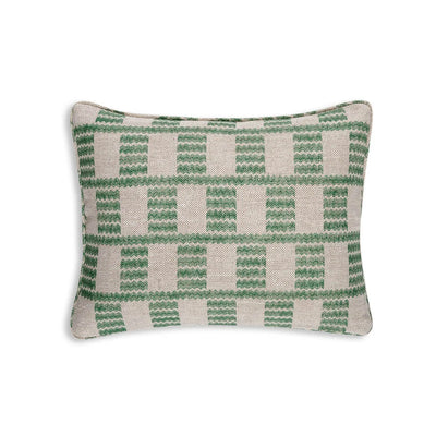 Small oblong designer Fermoie cushion in Green Cove fabric linen