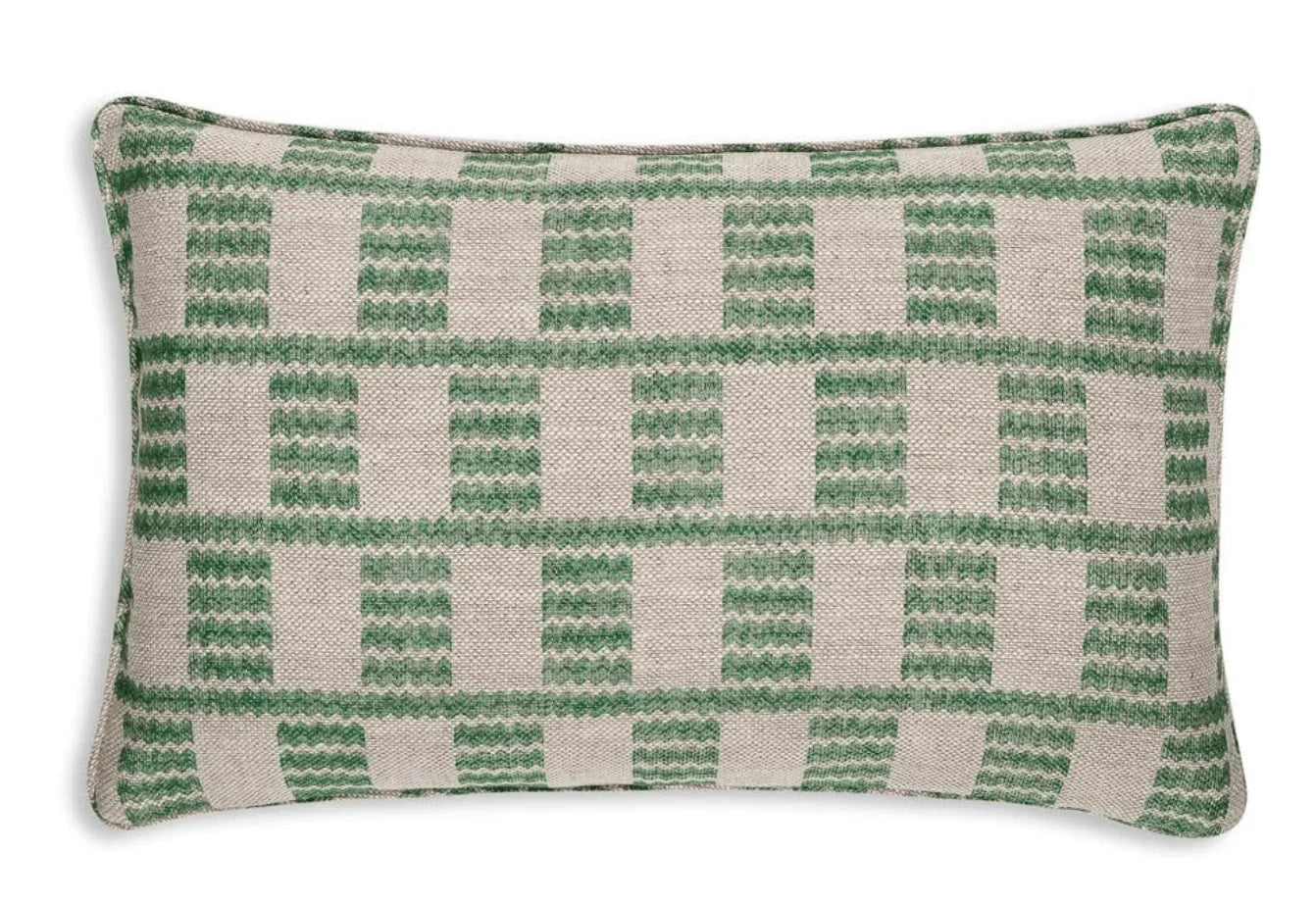 Large oblong designer Fermoie cushion in Green Cove fabric linen