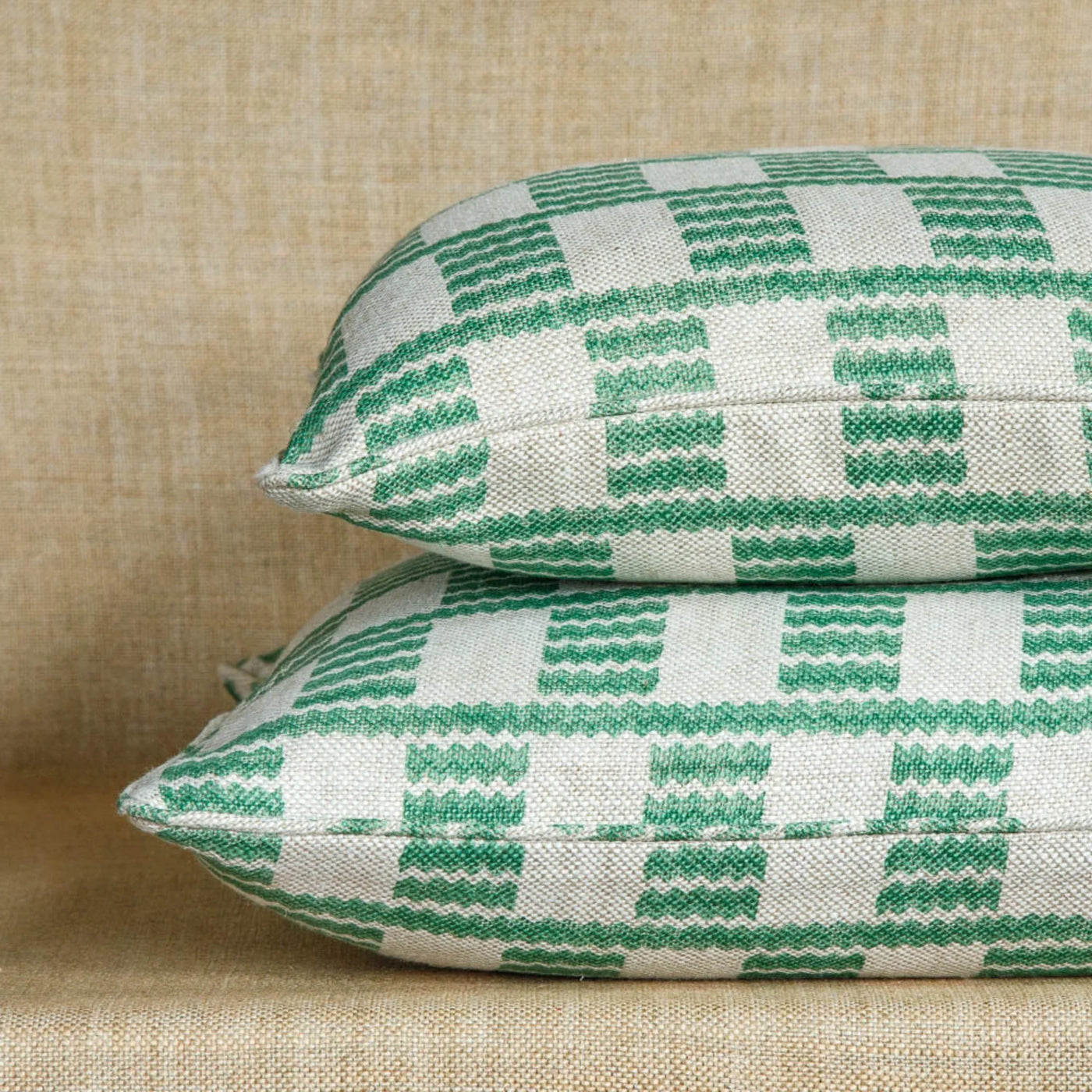 Designer Fermoie cushion stack in Green Cove fabric linen