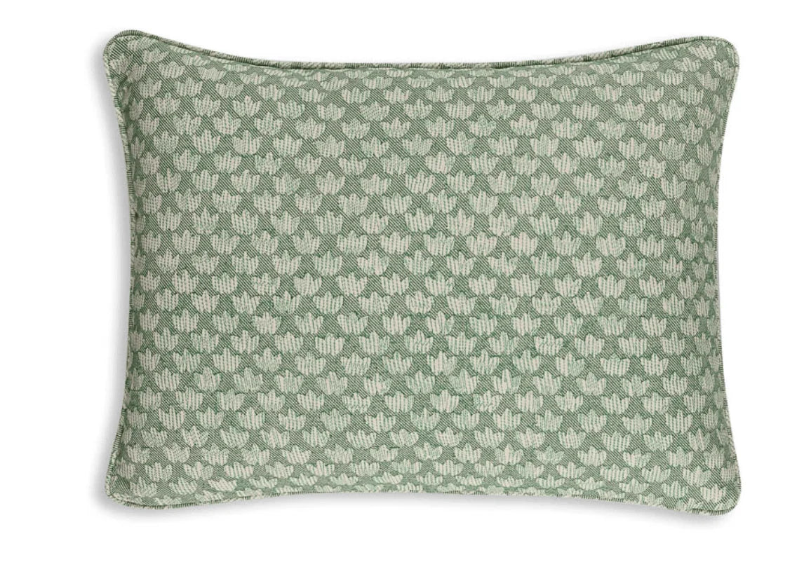 Small oblong designer Fermoie cushion in Green Eythorne fabric cotton