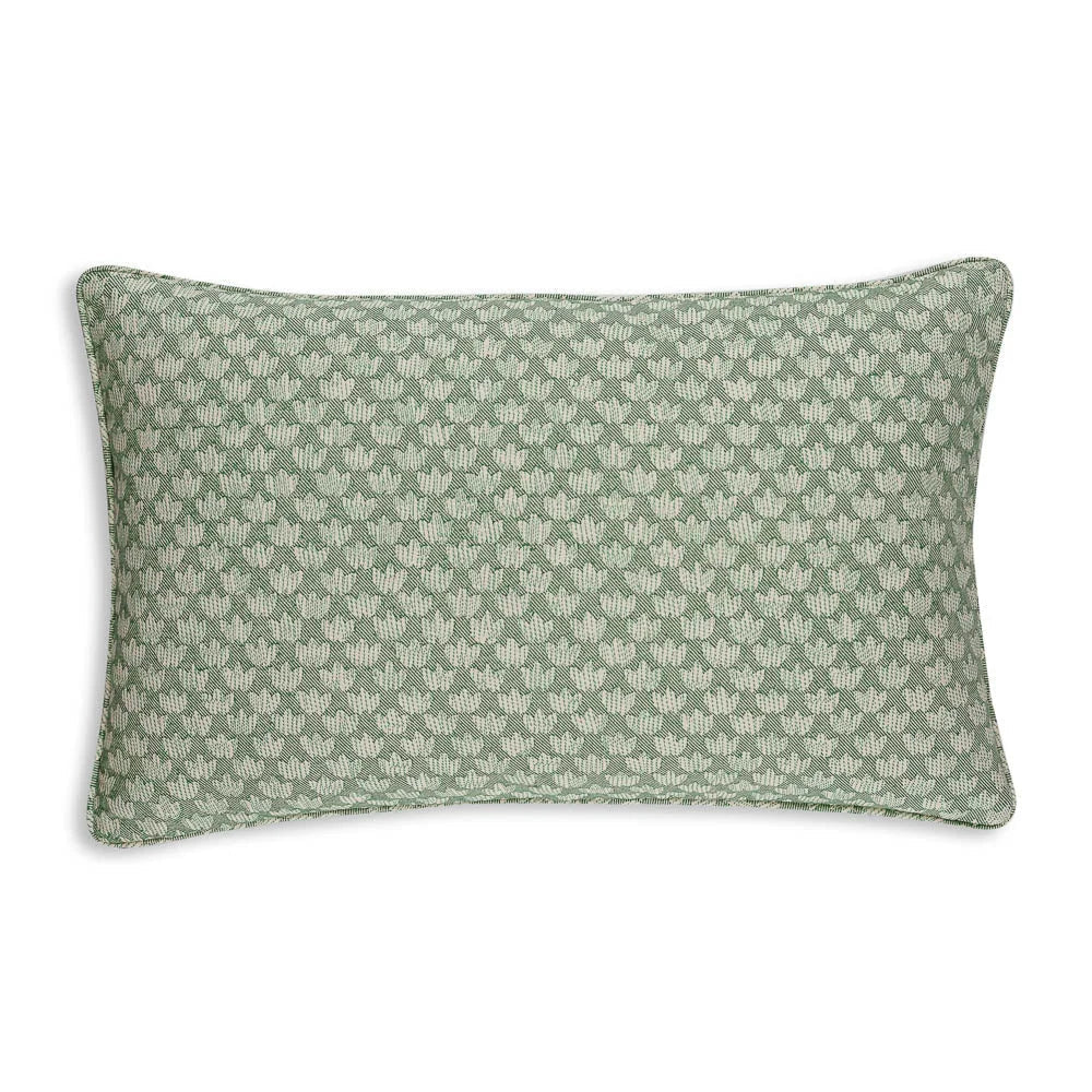 Large oblong designer Fermoie cushion in Green Eythorne fabric made from recycled polyester with a soft, durable texture