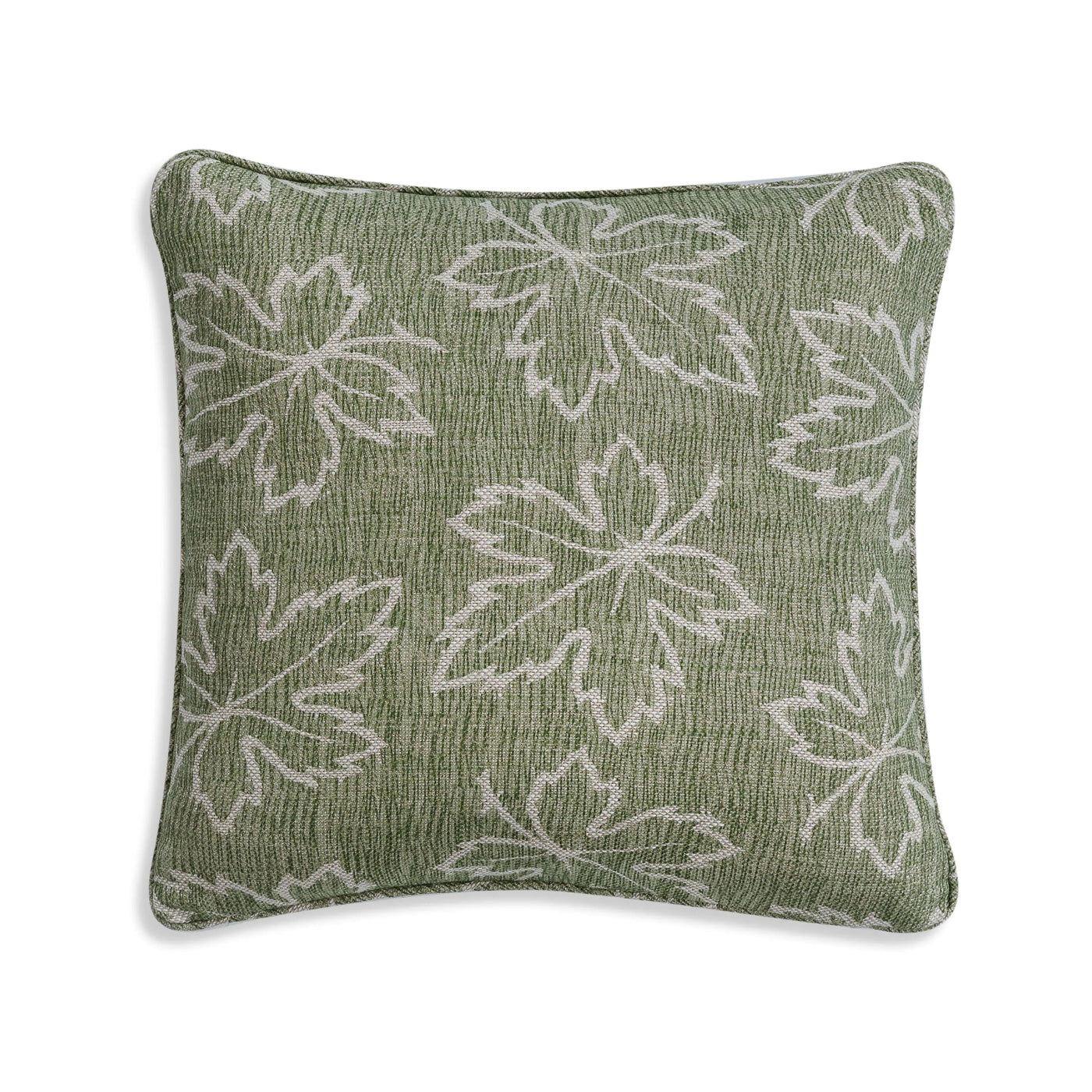 Small square designer Fermoie cushion in Green Maple fabric