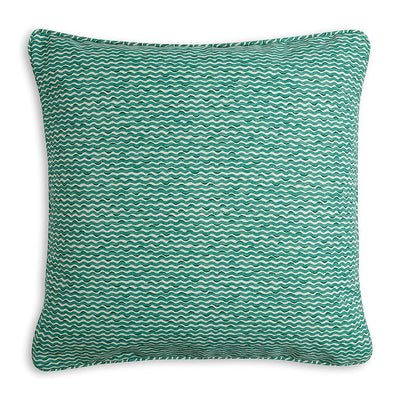 Large square designer Fermoie cushion in Green Popple fabric made from recycled polyester for indoor and outdoor use