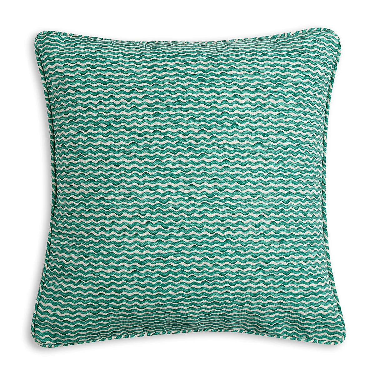 Small square designer Fermoie cushion in Green Popple fabric made from recycled polyester for indoor and outdoor use