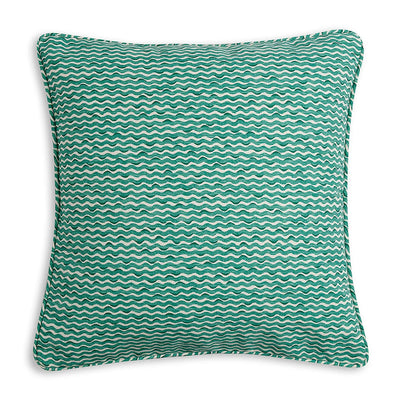 Small square designer Fermoie cushion in Green Popple fabric made from recycled polyester for indoor and outdoor use