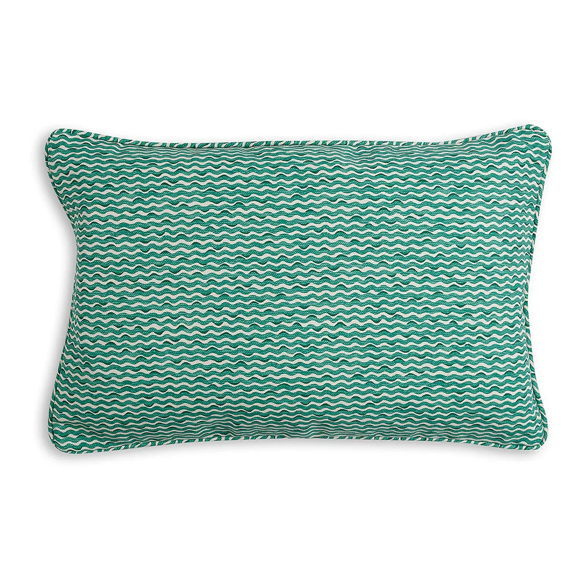 Large oblong designer Fermoie cushion in Green Popple fabric made from recycled polyester for indoor and outdoor use