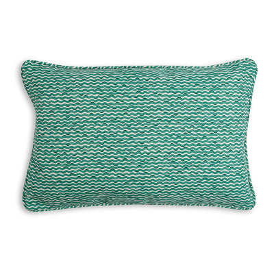 Large oblong designer Fermoie cushion in Green Popple fabric made from recycled polyester for indoor and outdoor use