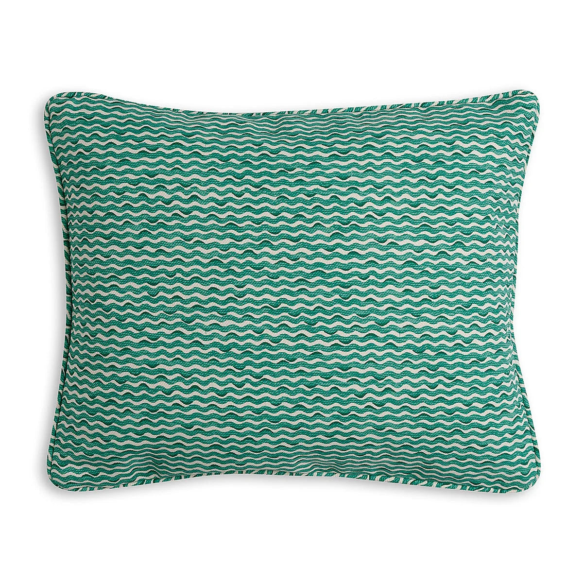 Small oblong designer Fermoie cushion in Green Popple fabric made from recycled polyester for indoor and outdoor use