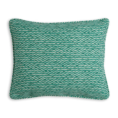 Small oblong designer Fermoie cushion in Green Popple fabric made from recycled polyester for indoor and outdoor use