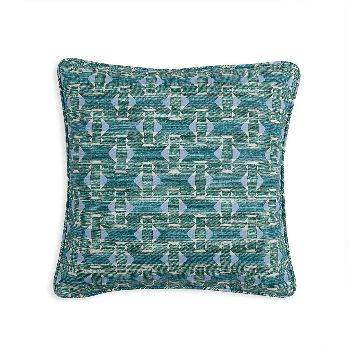 Small square designer Fermoie cushion in Green Sicily fabric made from recycled polyester for indoor and outdoor use
