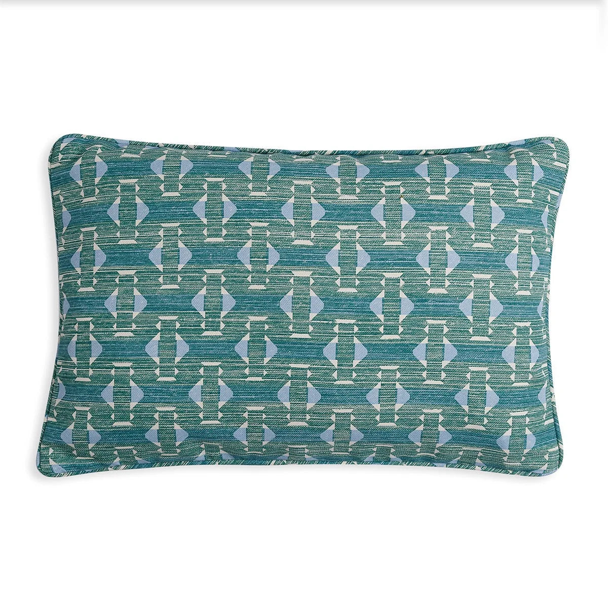Large oblong designer Fermoie cushion in Green Sicily fabric made from recycled polyester for indoor and outdoor use