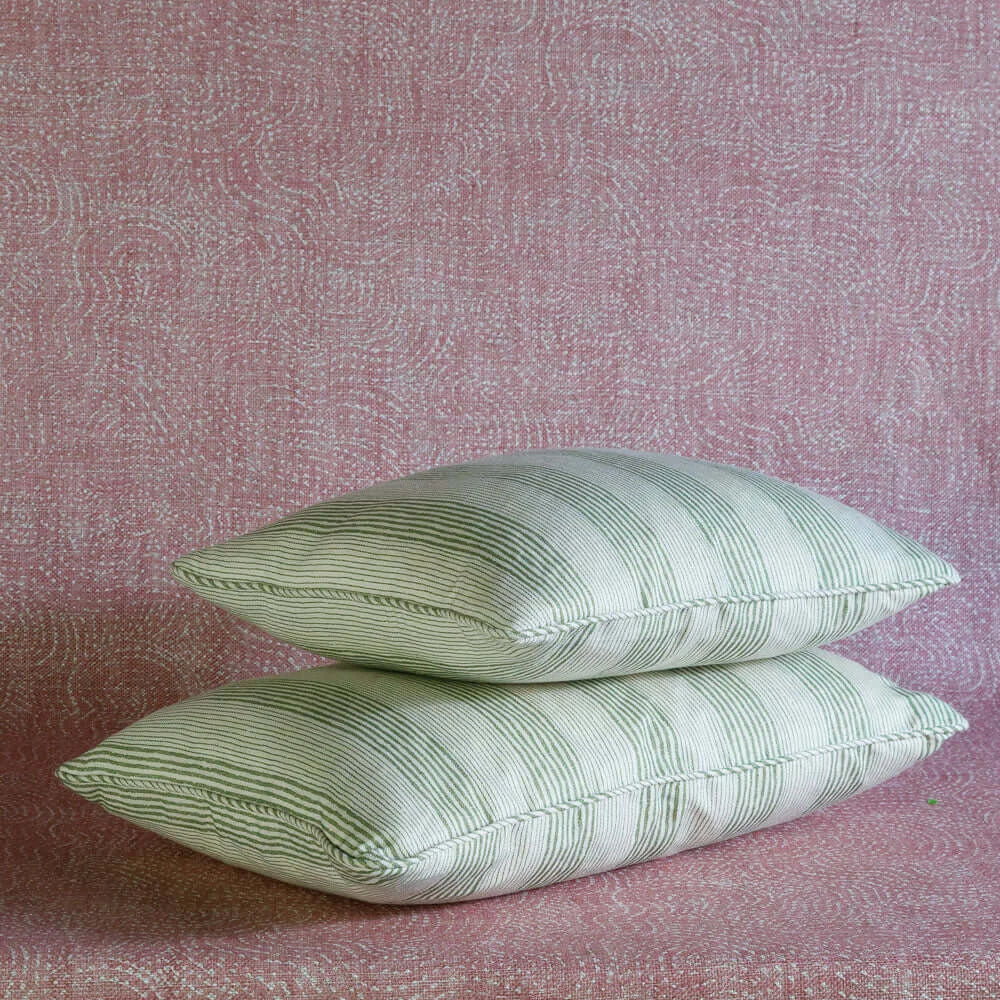 Designer Fermoie cushion stack in Green Ticking fabric 