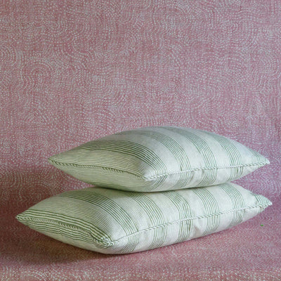 Designer Fermoie cushion stack in Green Ticking fabric 